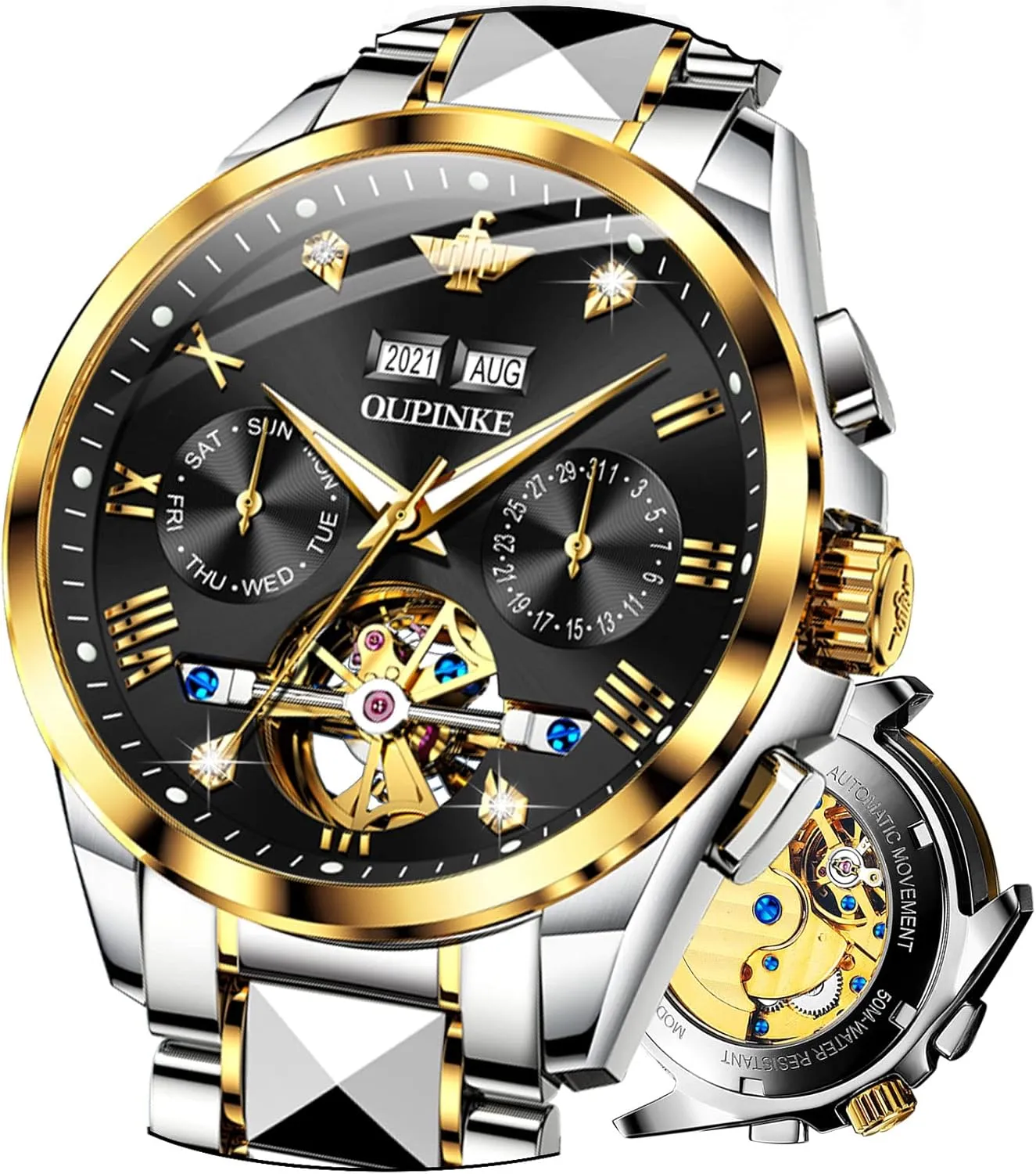 Waterproof Tungsten Steel OUPINKE Mens Automatic nozzle yard democracy coerce navigate Watch Skeleton Self Winding Watches for Men Hollow Men's Mechanical Watch Collection Wrist Watch No Battery Sapphire Crystal 50M 