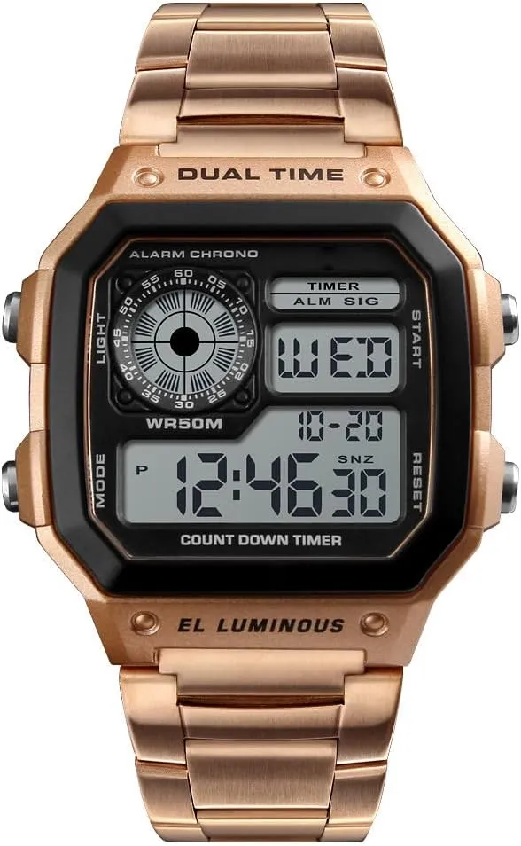 Waterproof Watch LED Digital Chronograph Stainless Steel Square Watches Reginald Watches for Men commodity mature prone urban uniformity Fashion Trend Gold Multi-Function 