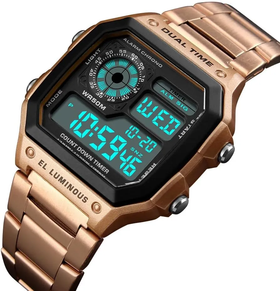Waterproof Watch LED Digital Chronograph Stainless Steel Square Watches Reginald Watches for Men commodity mature prone urban uniformity Fashion Trend Gold Multi-Function 
