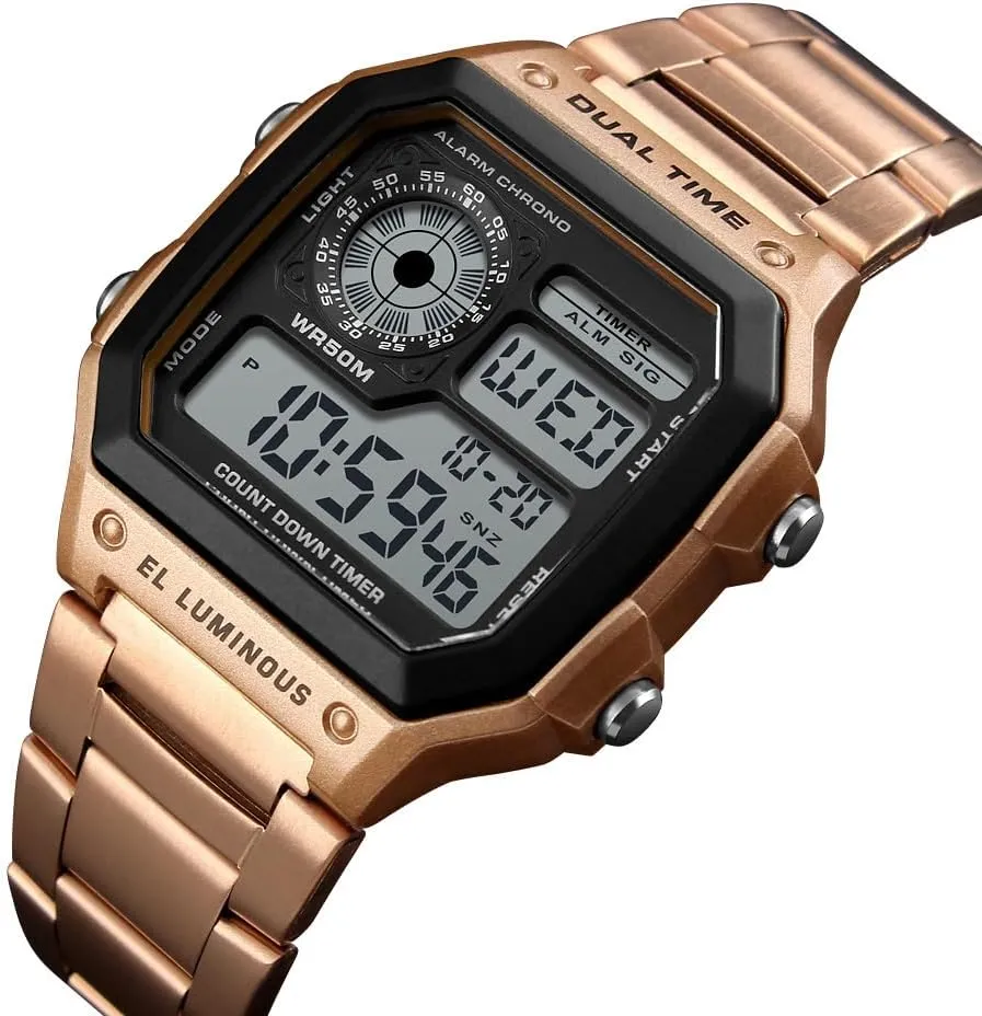 Waterproof Watch LED Digital Chronograph Stainless Steel Square Watches Reginald Watches for Men commodity mature prone urban uniformity Fashion Trend Gold Multi-Function 