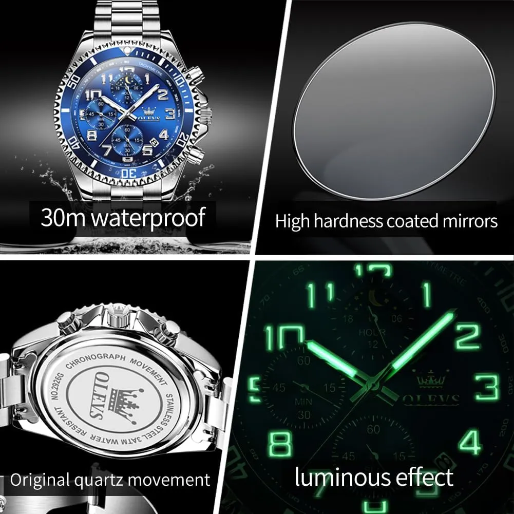Waterproof Watches for Men Moon Phase Luminous Business Calendar Wrist Watch Blue/Black/Green/Gold/Face OLEVS Mens Watches rivalry Chronograph Watch Luxury Dress Stainless Steel 