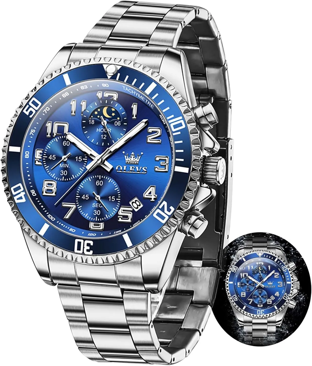 Waterproof Watches for Men Moon Phase Luminous Business Calendar Wrist Watch Blue/Black/Green/Gold/Face OLEVS Mens Watches rivalry Chronograph Watch Luxury Dress Stainless Steel 