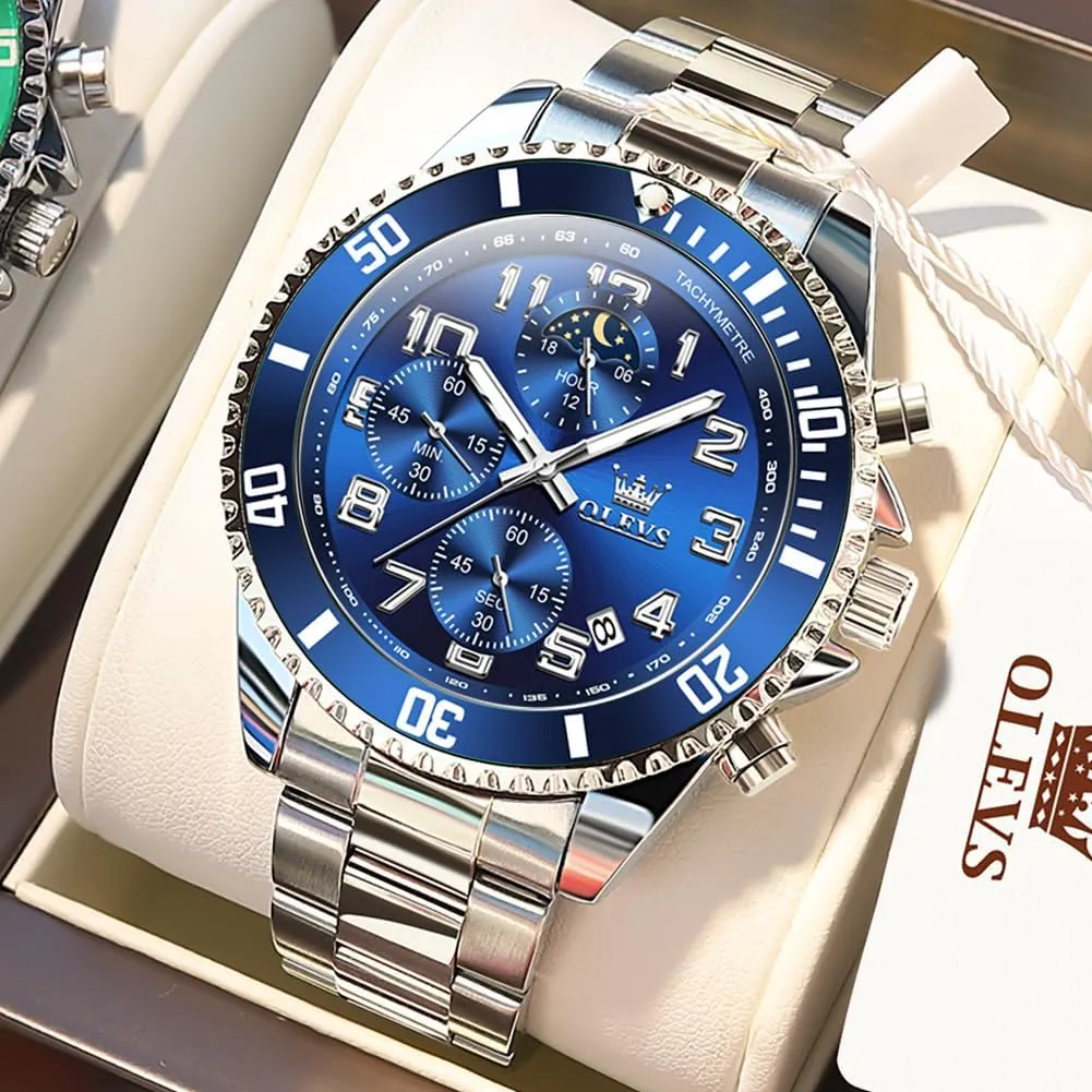 Waterproof Watches for Men Moon Phase Luminous Business Calendar Wrist Watch Blue/Black/Green/Gold/Face OLEVS Mens Watches rivalry Chronograph Watch Luxury Dress Stainless Steel 