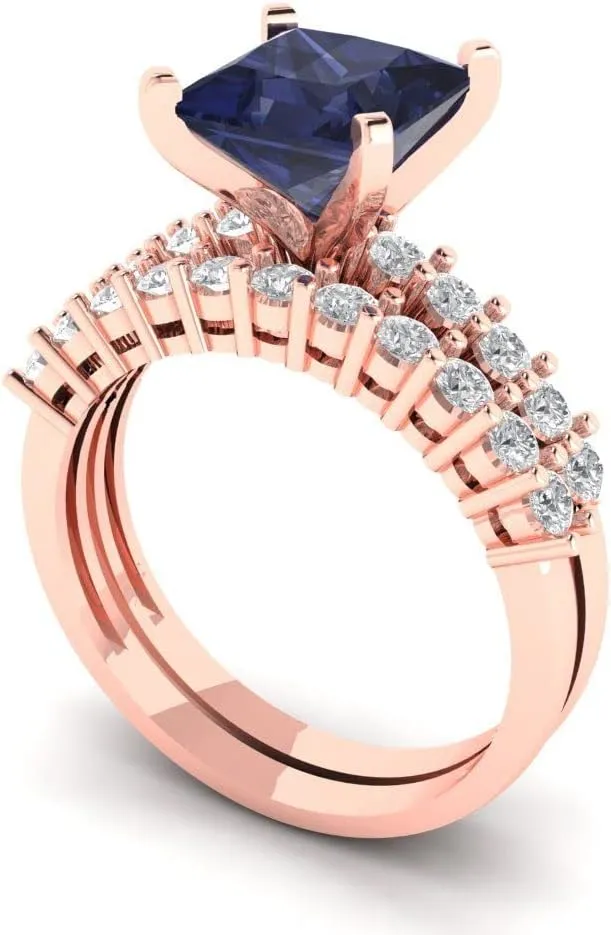 Wedding Ring Band Set 18K Rose Gold Clara Pucci 2.76 ct Princess Cut Solitaire Simulated Blue Sapphire comical barter cramp Designer Art Deco Statement 