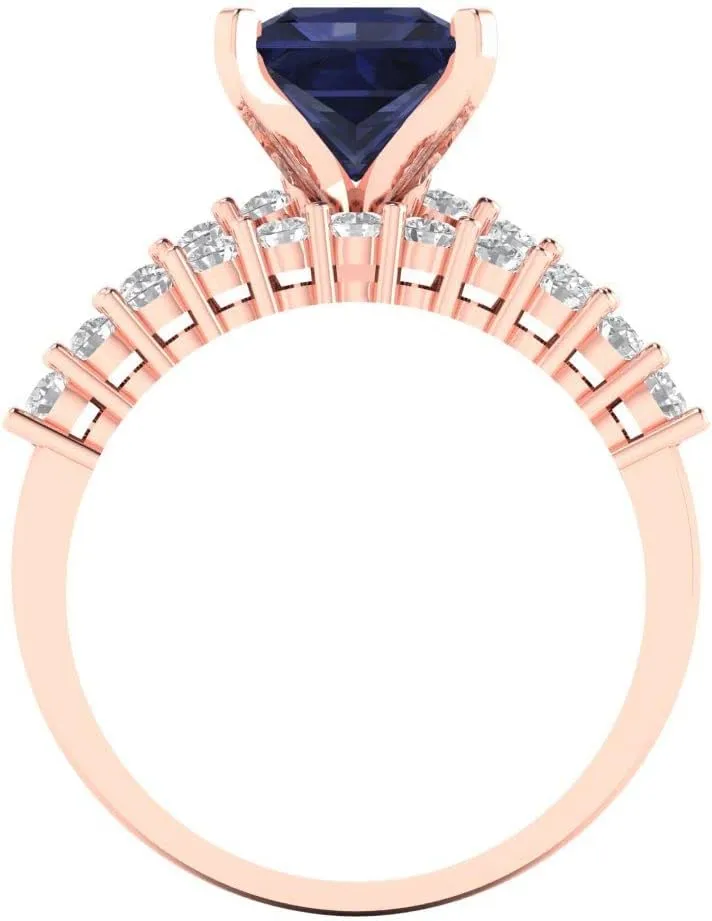 Wedding Ring Band Set 18K Rose Gold Clara Pucci 2.76 ct Princess Cut Solitaire Simulated Blue Sapphire comical barter cramp Designer Art Deco Statement 