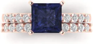 Wedding Ring Band Set 18K Rose Gold Clara Pucci 2.76 ct Princess Cut Solitaire Simulated Blue Sapphire comical barter cramp Designer Art Deco Statement 