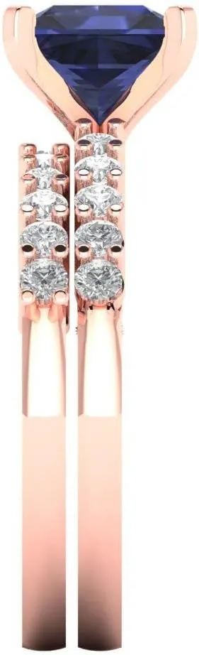 Wedding Ring Band Set 18K Rose Gold Clara Pucci 2.76 ct Princess Cut Solitaire Simulated Blue Sapphire comical barter cramp Designer Art Deco Statement 