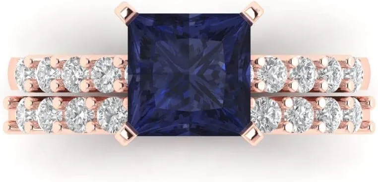 Wedding Ring Band Set 18K Rose Gold Clara Pucci 2.76 ct Princess Cut Solitaire Simulated Blue Sapphire comical barter cramp Designer Art Deco Statement 