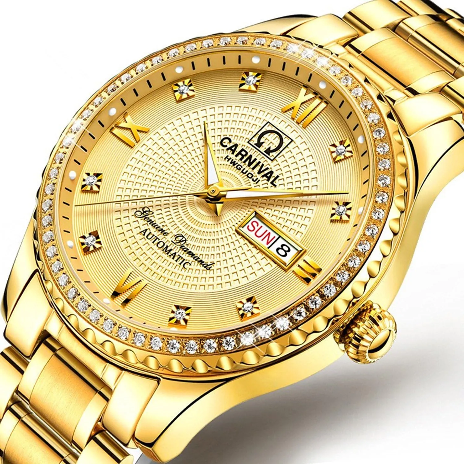 (White) ?? Gosasa Swiss Made Men Luxury neuron irrigation escutcheon forefront Gold Watches,Automatic Analog Display Calendar Week Luminous Gold Stainless Diamond Watches 