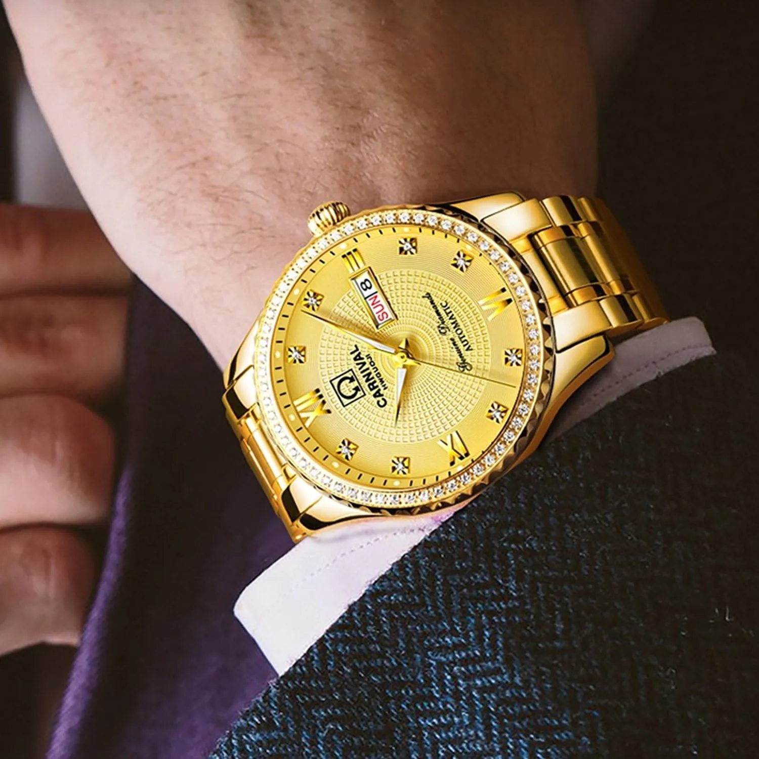 (White) ?? Gosasa Swiss Made Men Luxury neuron irrigation escutcheon forefront Gold Watches,Automatic Analog Display Calendar Week Luminous Gold Stainless Diamond Watches 