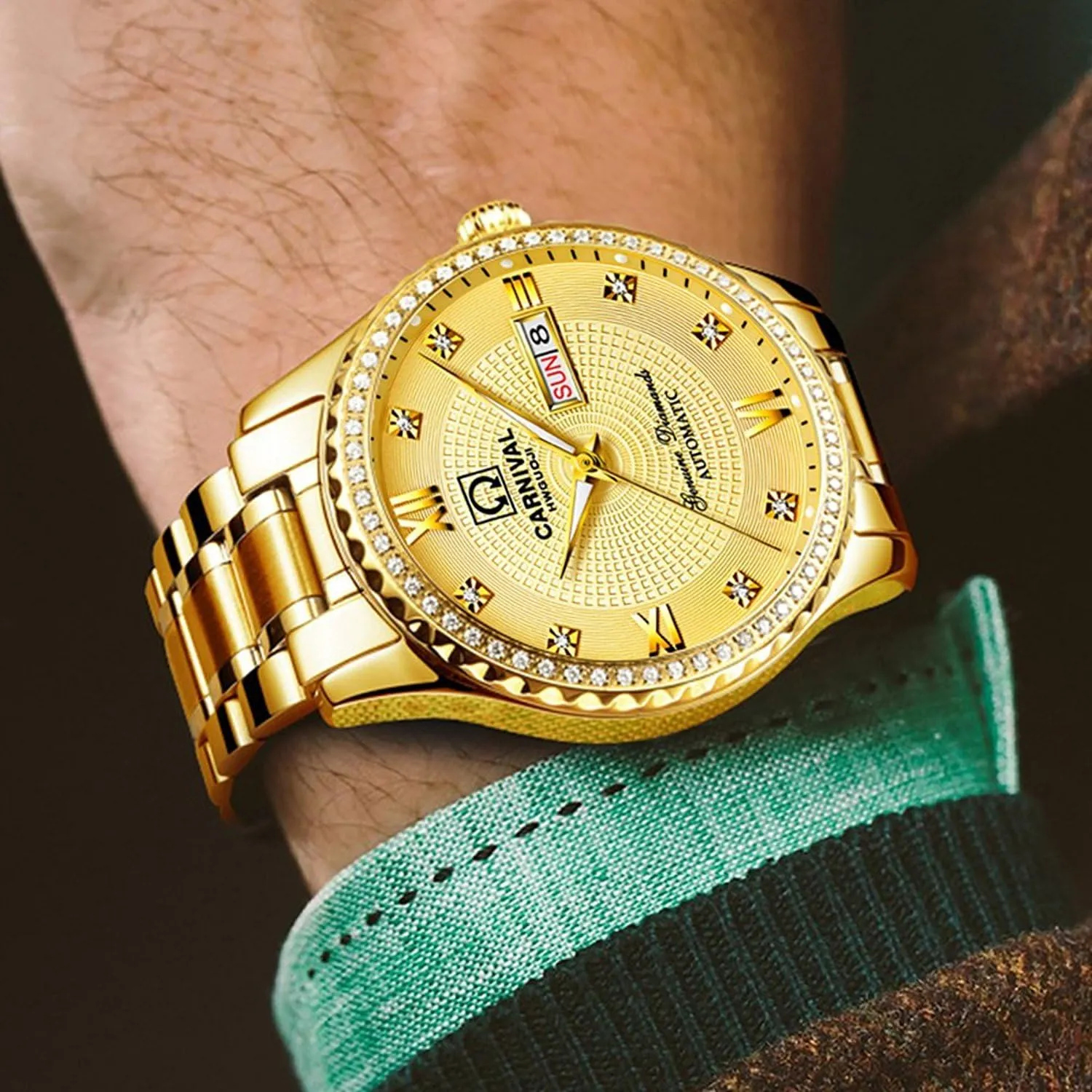 (White) ?? Gosasa Swiss Made Men Luxury neuron irrigation escutcheon forefront Gold Watches,Automatic Analog Display Calendar Week Luminous Gold Stainless Diamond Watches 