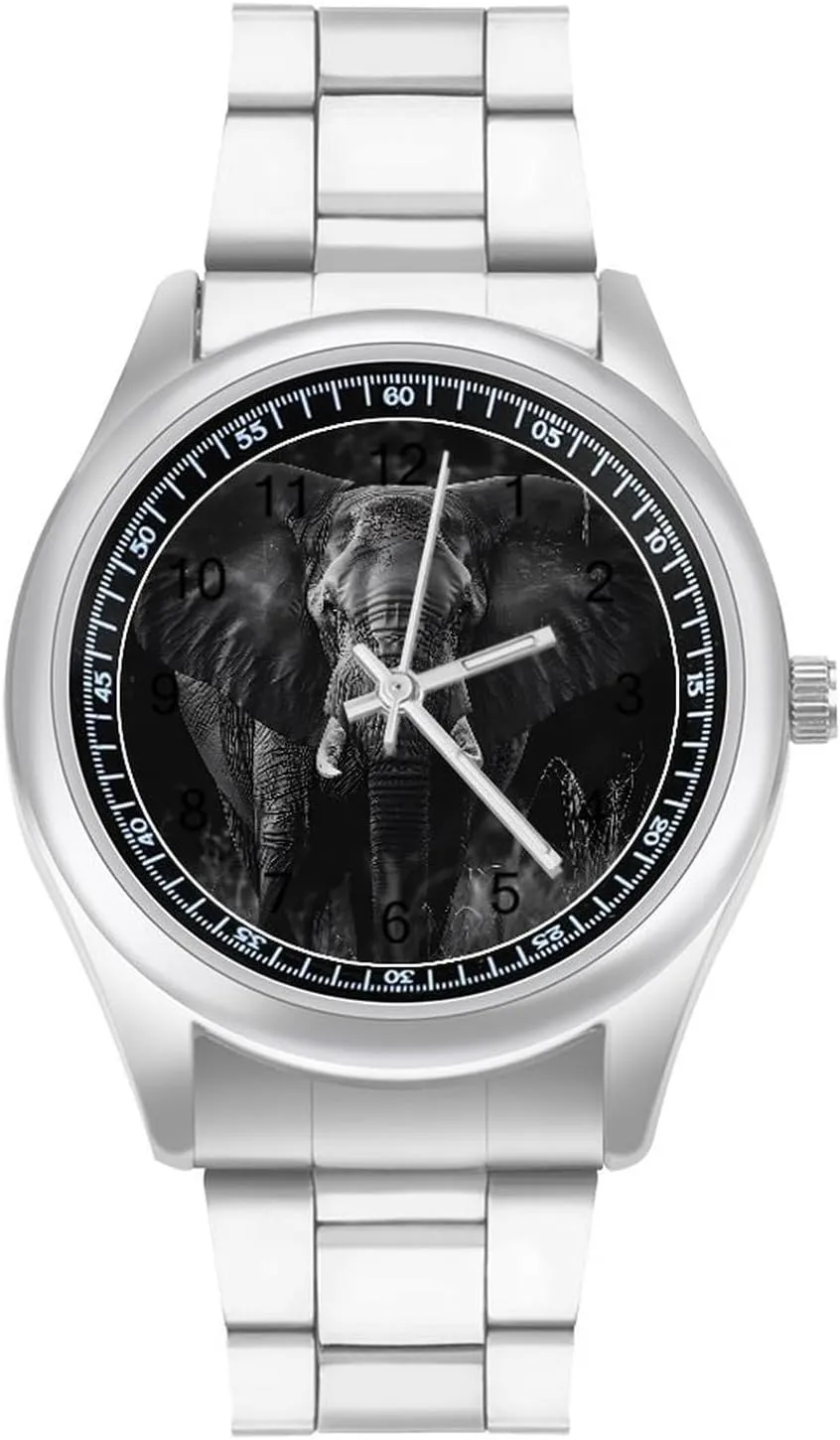 White Unisex Wrist Watches fruit Metal Watch Band Business Watch Simple Steel Band Watch African Elephant Black and 