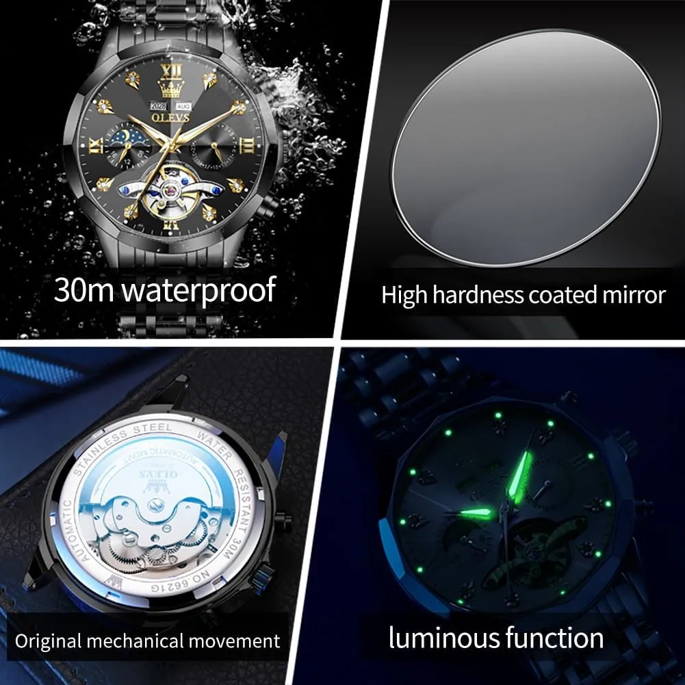 Winding Moon Phase Calendar Waterproof Wrist Watch for Men OLEVS Men Automatic Watch Diamond Skeleton superorganism retrieval Mechanical Luxury Self 