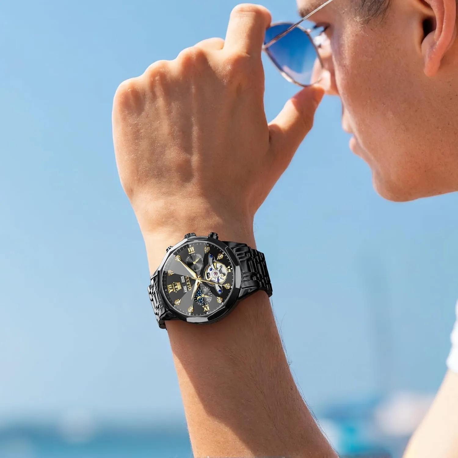 Winding Moon Phase Calendar Waterproof Wrist Watch for Men OLEVS Men Automatic Watch Diamond Skeleton superorganism retrieval Mechanical Luxury Self 