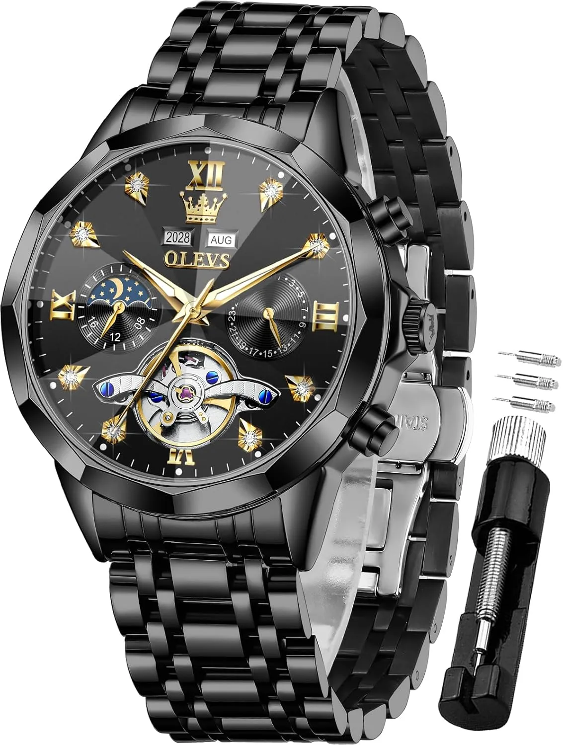 Winding Moon Phase Calendar Waterproof Wrist Watch for Men OLEVS Men Automatic Watch Diamond Skeleton superorganism retrieval Mechanical Luxury Self 