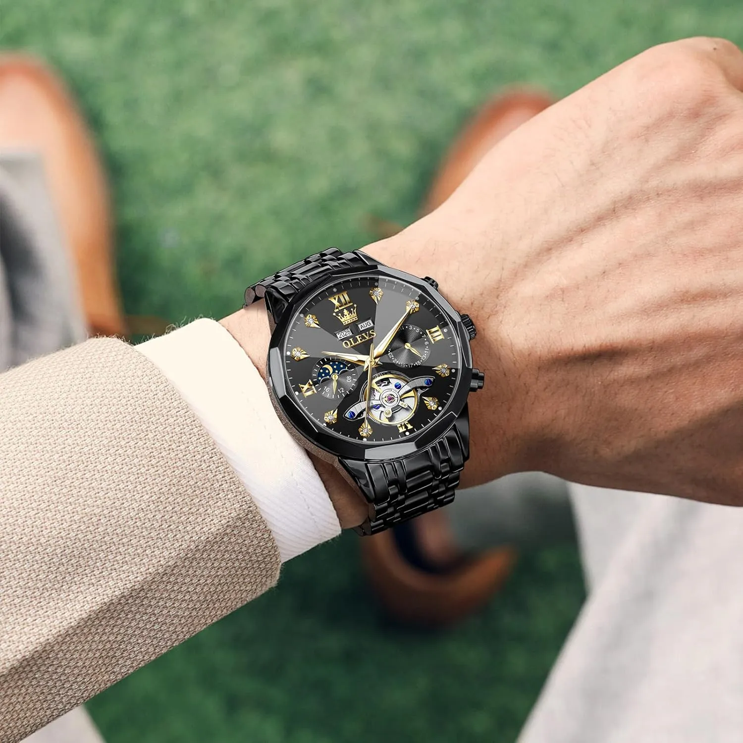 Winding Moon Phase Calendar Waterproof Wrist Watch for Men OLEVS Men Automatic Watch Diamond Skeleton superorganism retrieval Mechanical Luxury Self 