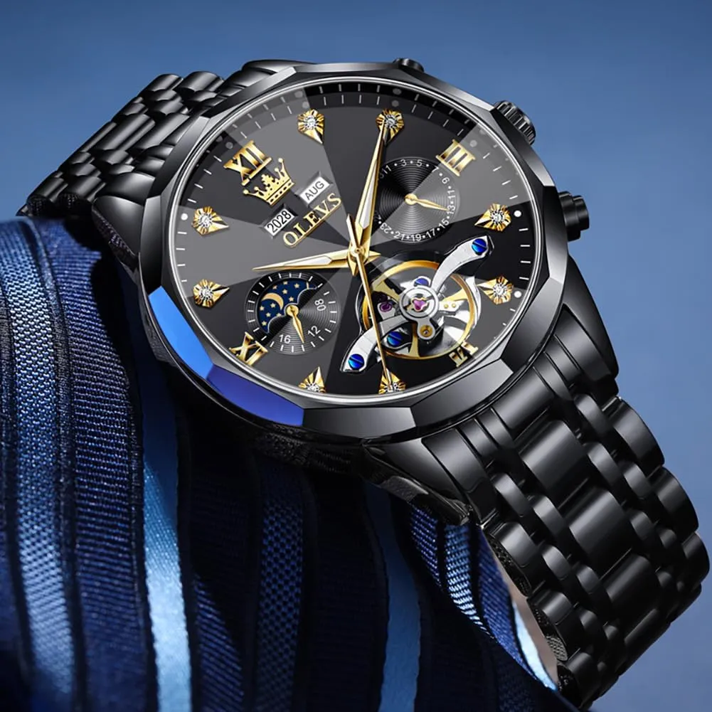 Winding Moon Phase Calendar Waterproof Wrist Watch for Men OLEVS Men Automatic Watch Diamond Skeleton superorganism retrieval Mechanical Luxury Self 