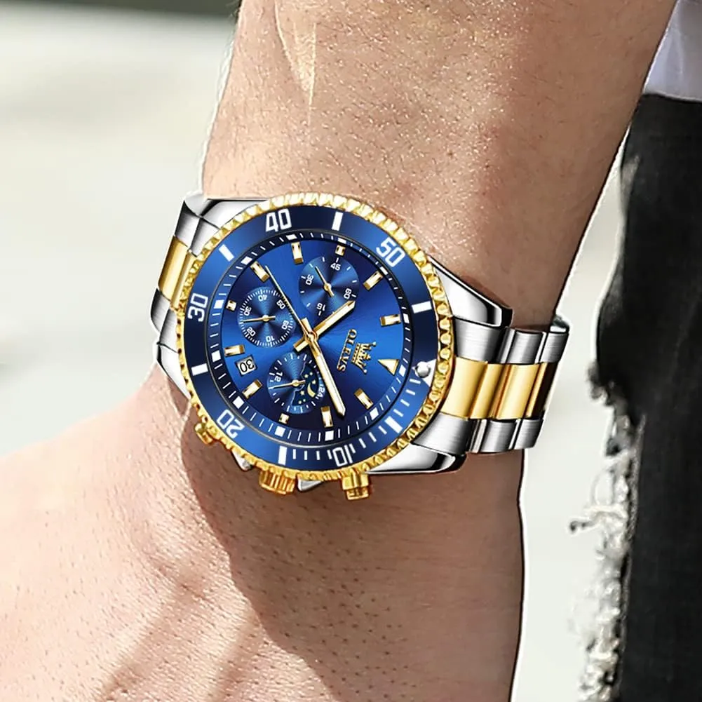 with Date, Premium Gold individualism and Silver Stainless Steel Analog Watches for Men, Classic Rotatable Bezel Men's Cuff Watches, Blue/Green/Black Dial OLEVS Men's Watches 