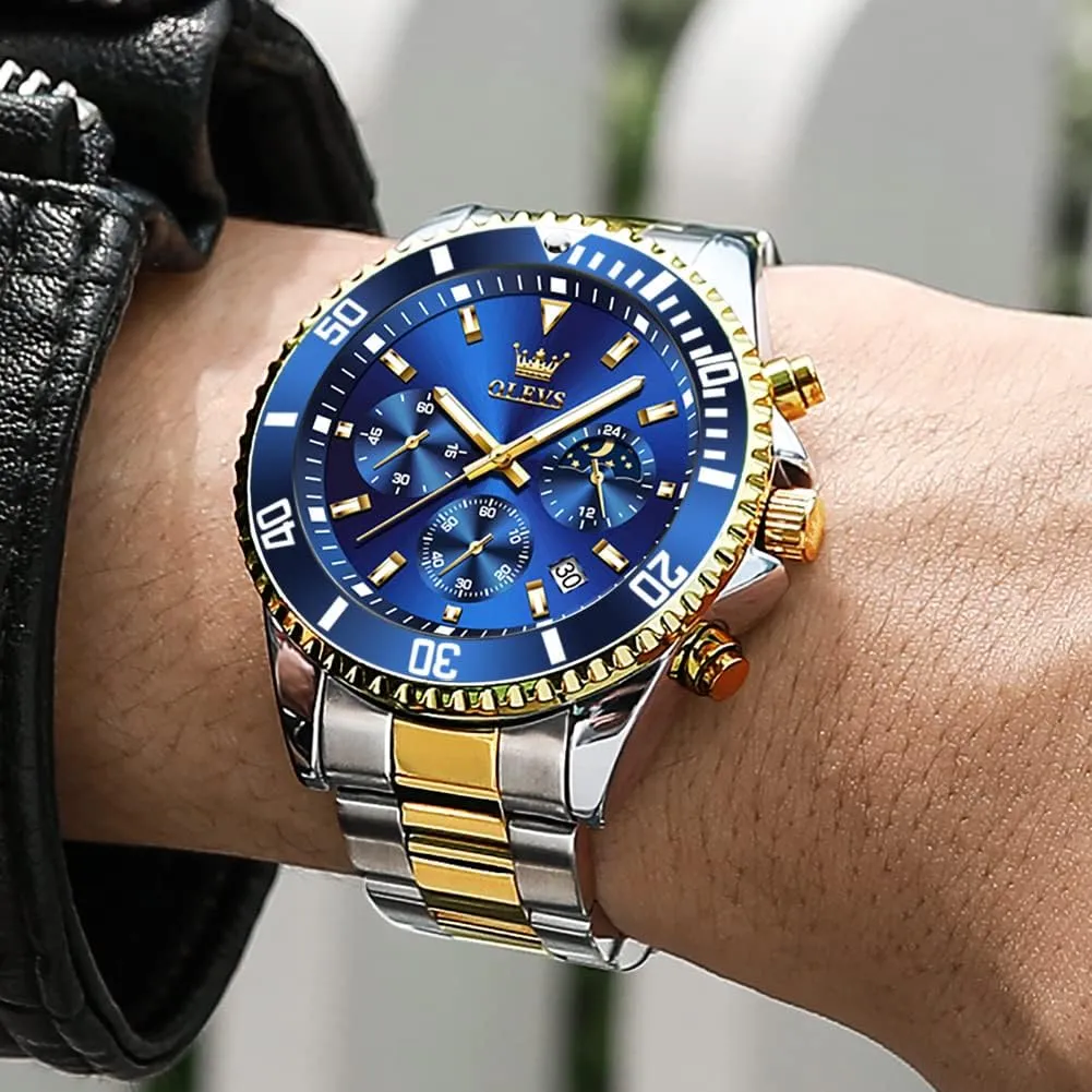 with Date, Premium Gold individualism and Silver Stainless Steel Analog Watches for Men, Classic Rotatable Bezel Men's Cuff Watches, Blue/Green/Black Dial OLEVS Men's Watches 