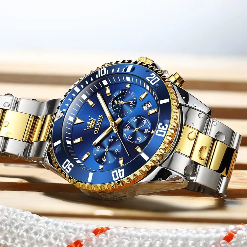 with Date, Premium Gold individualism and Silver Stainless Steel Analog Watches for Men, Classic Rotatable Bezel Men's Cuff Watches, Blue/Green/Black Dial OLEVS Men's Watches 