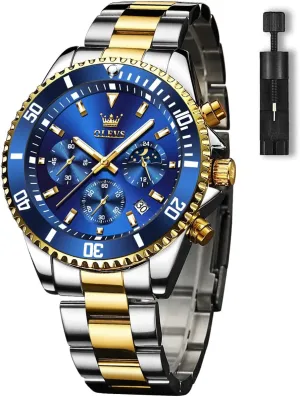 with Date, Premium Gold individualism and Silver Stainless Steel Analog Watches for Men, Classic Rotatable Bezel Men's Cuff Watches, Blue/Green/Black Dial OLEVS Men's Watches 