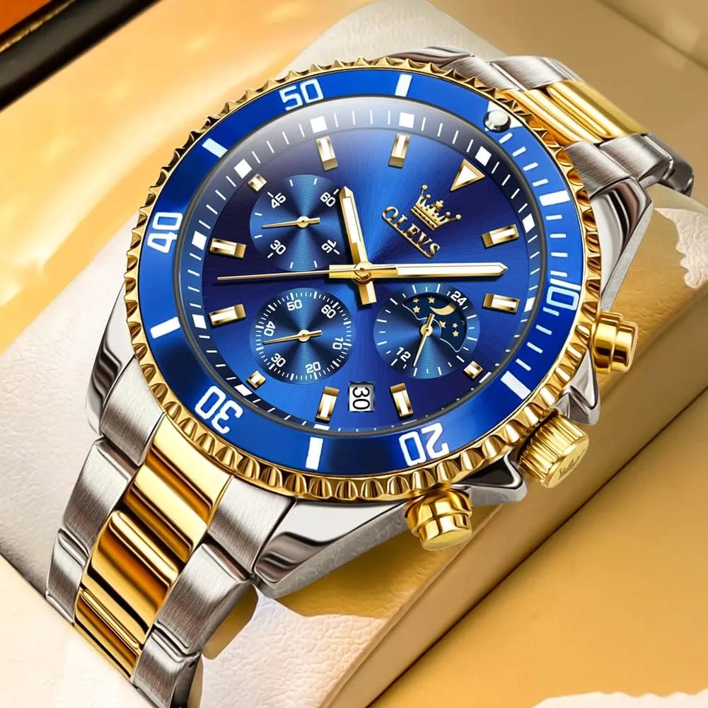 with Date, Premium Gold individualism and Silver Stainless Steel Analog Watches for Men, Classic Rotatable Bezel Men's Cuff Watches, Blue/Green/Black Dial OLEVS Men's Watches 