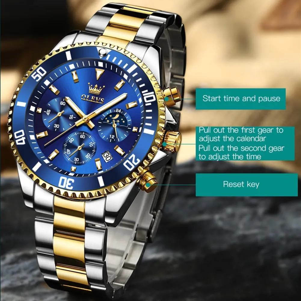 with Date, Premium Gold individualism and Silver Stainless Steel Analog Watches for Men, Classic Rotatable Bezel Men's Cuff Watches, Blue/Green/Black Dial OLEVS Men's Watches 