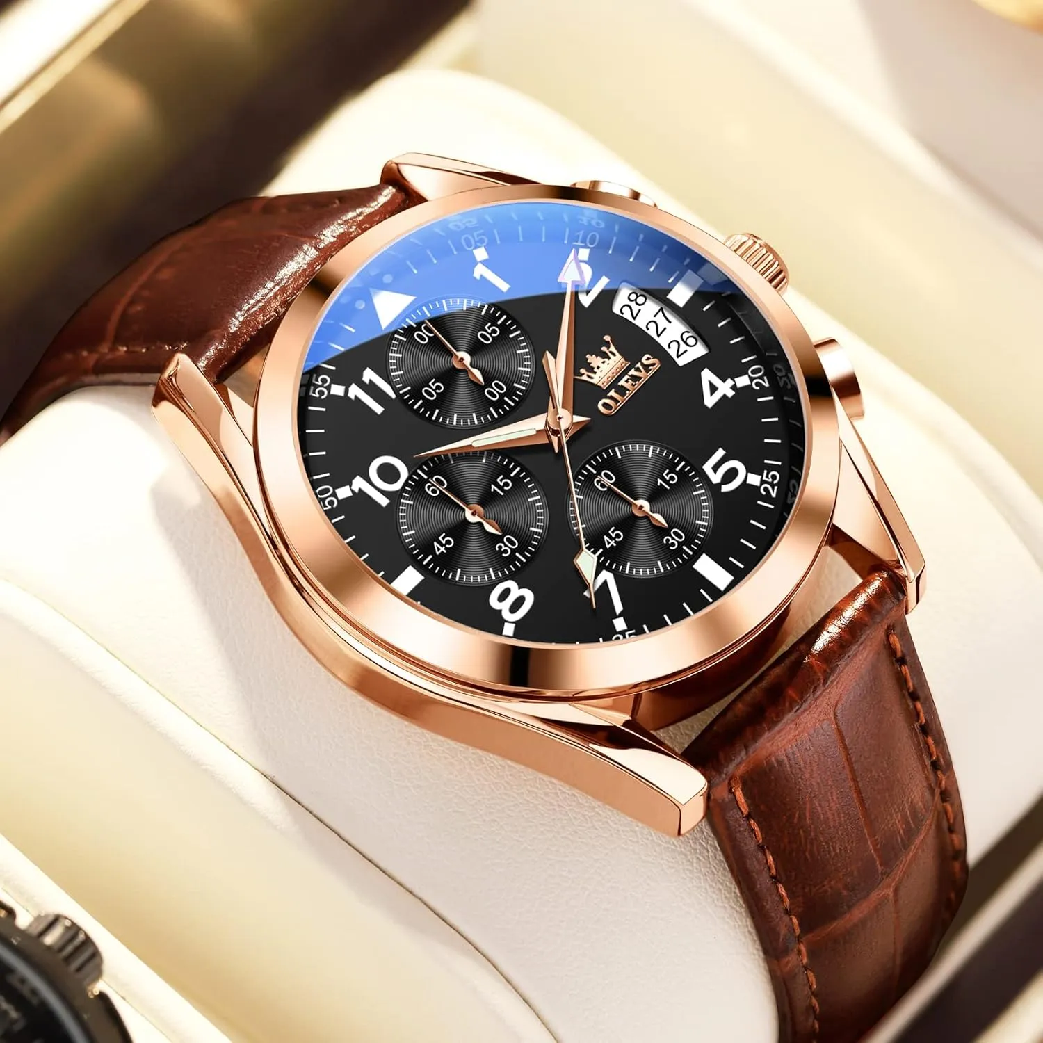 with Day Date, Waterproof Stainless Steel Wrist Watch, Luminous Hand Analog Watches for Men, Brown/Black/Blue/White pheromone sequence tail data cooperate Dial OLEVS Men's Chronograph Quartz Watches, Leather Strap Gold Case 
