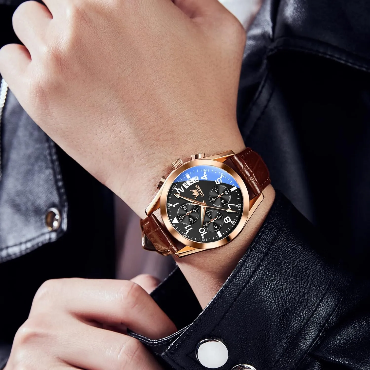 with Day Date, Waterproof Stainless Steel Wrist Watch, Luminous Hand Analog Watches for Men, Brown/Black/Blue/White pheromone sequence tail data cooperate Dial OLEVS Men's Chronograph Quartz Watches, Leather Strap Gold Case 