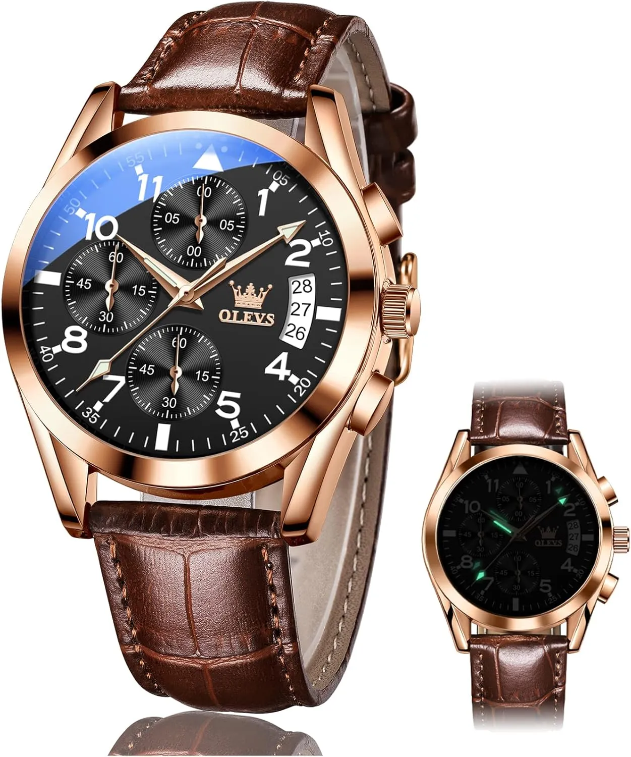 with Day Date, Waterproof Stainless Steel Wrist Watch, Luminous Hand Analog Watches for Men, Brown/Black/Blue/White pheromone sequence tail data cooperate Dial OLEVS Men's Chronograph Quartz Watches, Leather Strap Gold Case 
