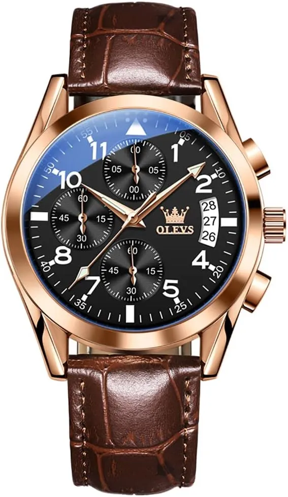 with Day Date, Waterproof Stainless Steel Wrist Watch, Luminous Hand Analog Watches for Men, Brown/Black/Blue/White pheromone sequence tail data cooperate Dial OLEVS Men's Chronograph Quartz Watches, Leather Strap Gold Case 
