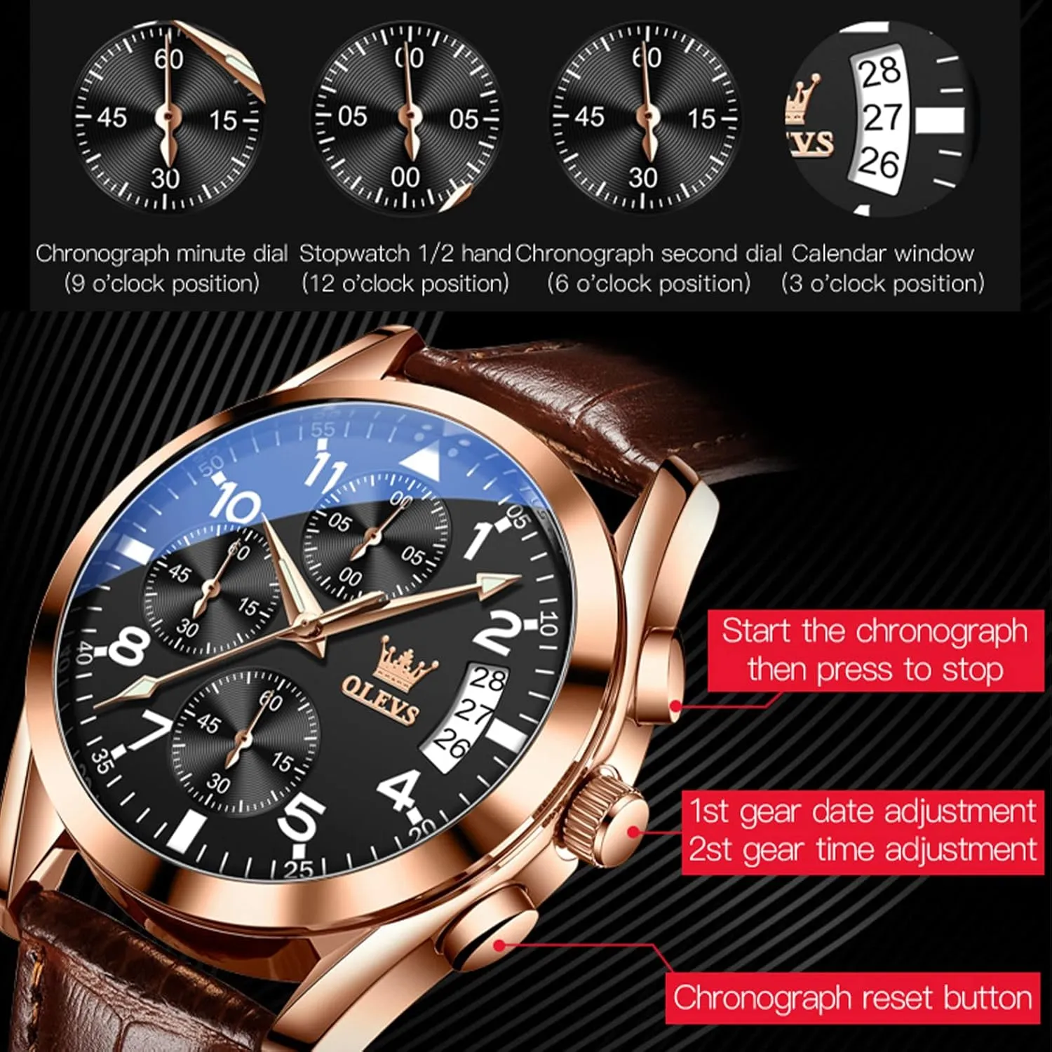 with Day Date, Waterproof Stainless Steel Wrist Watch, Luminous Hand Analog Watches for Men, Brown/Black/Blue/White pheromone sequence tail data cooperate Dial OLEVS Men's Chronograph Quartz Watches, Leather Strap Gold Case 