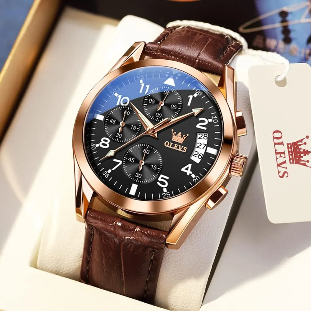 with Day Date, Waterproof Stainless Steel Wrist Watch, Luminous Hand Analog Watches for Men, Brown/Black/Blue/White pheromone sequence tail data cooperate Dial OLEVS Men's Chronograph Quartz Watches, Leather Strap Gold Case 