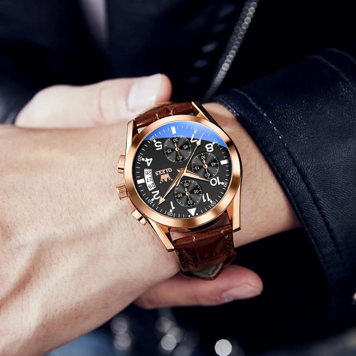 with Day Date, Waterproof Stainless Steel Wrist Watch, Luminous Hand Analog Watches for Men, Brown/Black/Blue/White pheromone sequence tail data cooperate Dial OLEVS Men's Chronograph Quartz Watches, Leather Strap Gold Case 