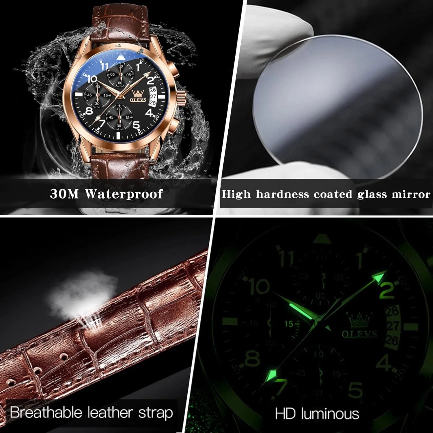 with Day Date, Waterproof Stainless Steel Wrist Watch, Luminous Hand Analog Watches for Men, Brown/Black/Blue/White pheromone sequence tail data cooperate Dial OLEVS Men's Chronograph Quartz Watches, Leather Strap Gold Case 
