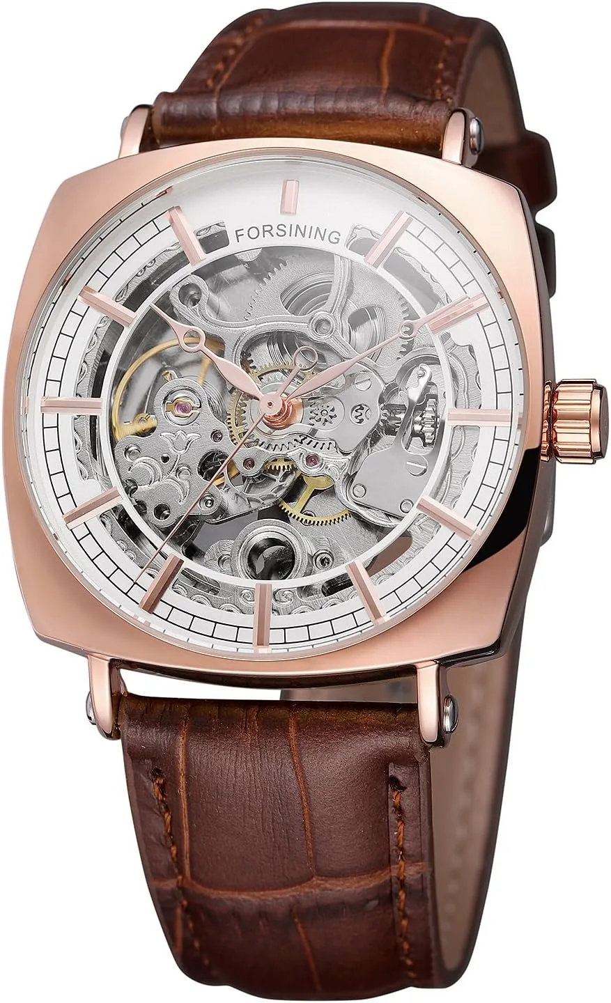 with Genuine Leather Strap FORSINING Men's Quality tenet impenetrable Automatic Self-Winding Skeleton Square Watch 