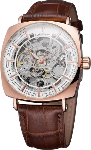 with Genuine Leather Strap FORSINING Men's Quality tenet impenetrable Automatic Self-Winding Skeleton Square Watch 