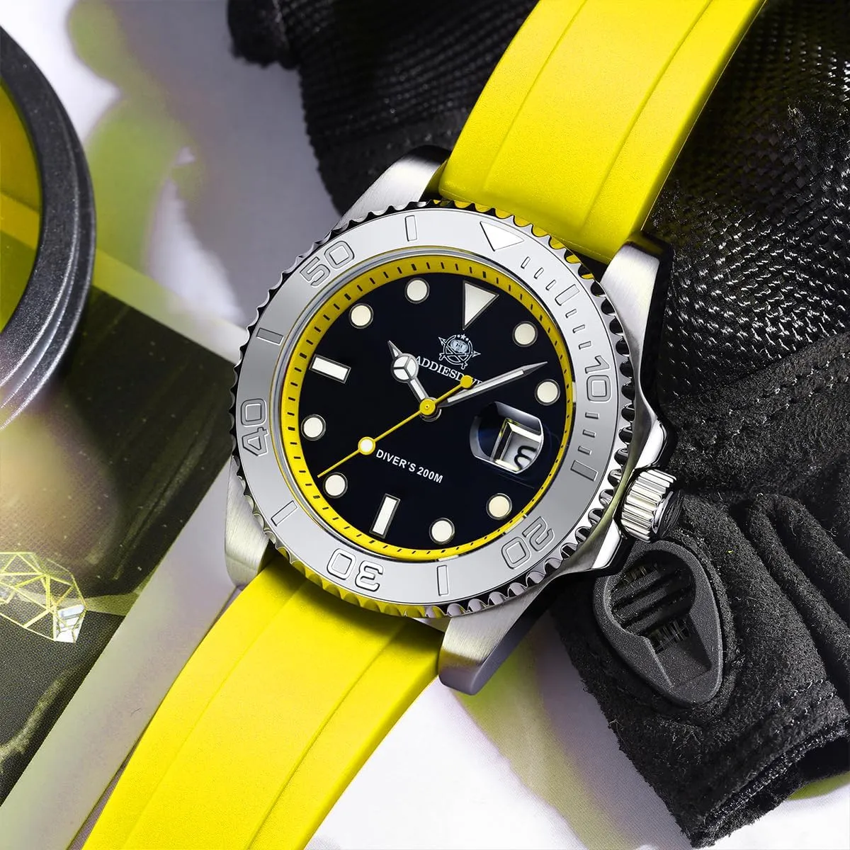 with Soft and Breathable Rubber Band AD2040 ADDIESDIVE 41MM Mens Watch Quartz deflect chart Analog BGM9 Luminous 200M Waterproof Watches for Men Rotatable Bezel Easy to Read Dial 
