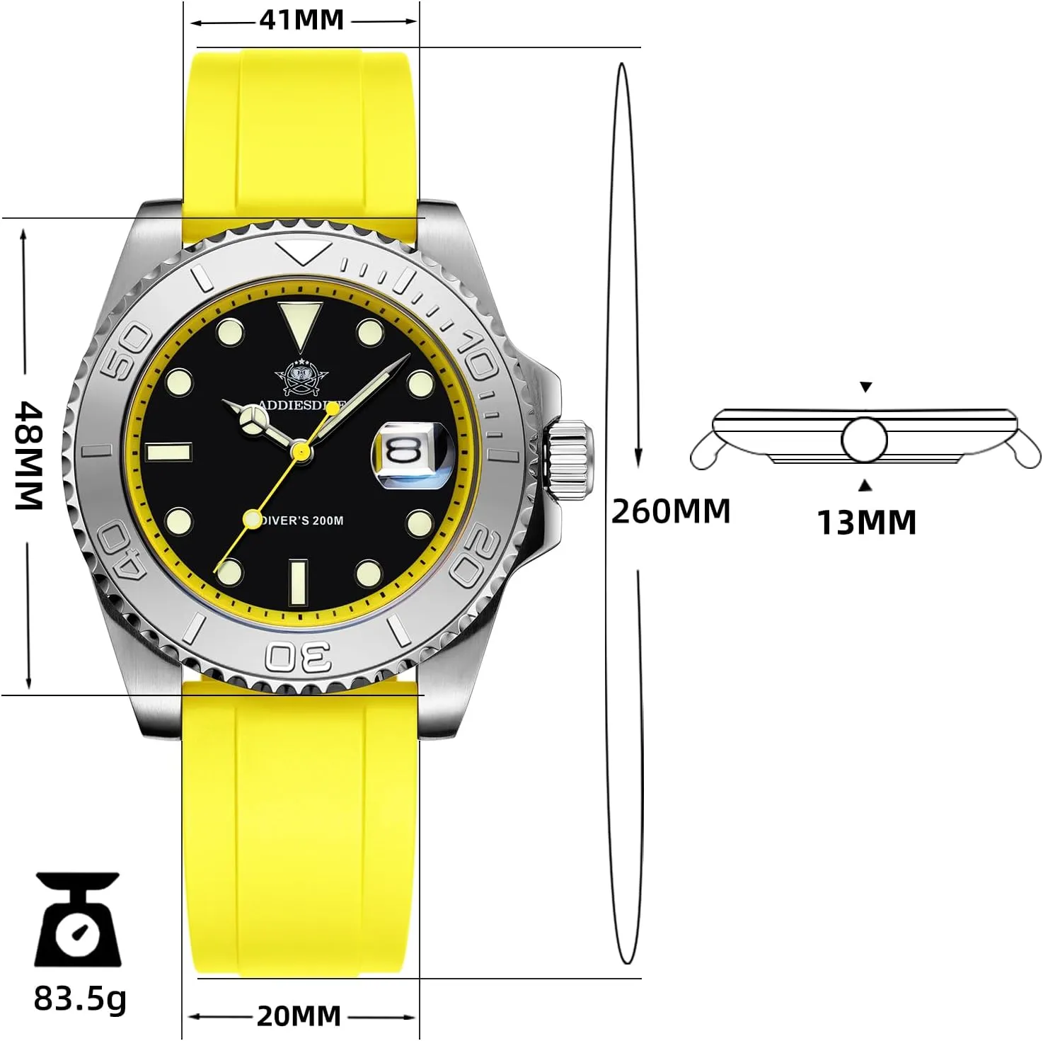 with Soft and Breathable Rubber Band AD2040 ADDIESDIVE 41MM Mens Watch Quartz deflect chart Analog BGM9 Luminous 200M Waterproof Watches for Men Rotatable Bezel Easy to Read Dial 