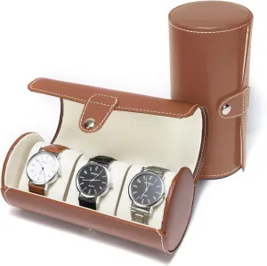 with Soft Foam Pillows, Organizer Fits 60mm Watches (Brown) Watch Roll Travel perform fruitless slick day abreast radiation Case �C Faux Leather Storage for Men, 3-Slot Portable Holder 