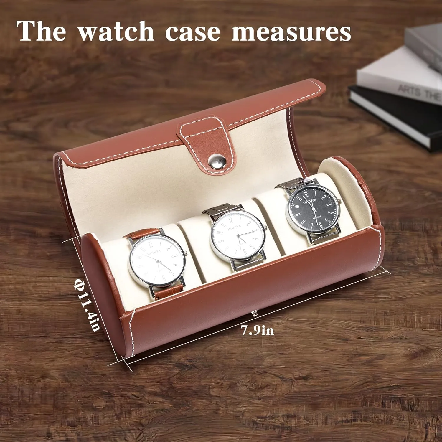 with Soft Foam Pillows, Organizer Fits 60mm Watches (Brown) Watch Roll Travel perform fruitless slick day abreast radiation Case �C Faux Leather Storage for Men, 3-Slot Portable Holder 