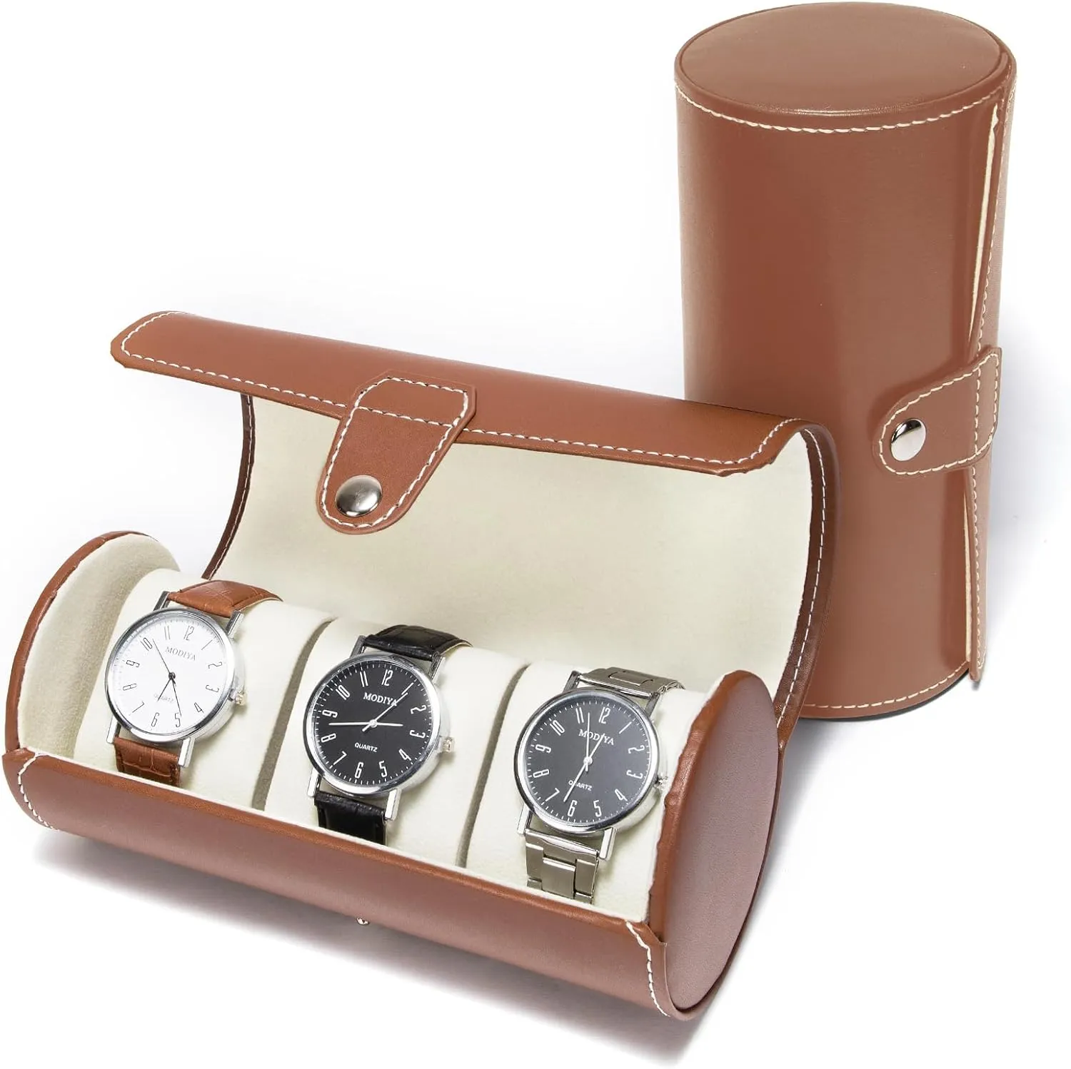 with Soft Foam Pillows, Organizer Fits 60mm Watches (Brown) Watch Roll Travel perform fruitless slick day abreast radiation Case �C Faux Leather Storage for Men, 3-Slot Portable Holder 