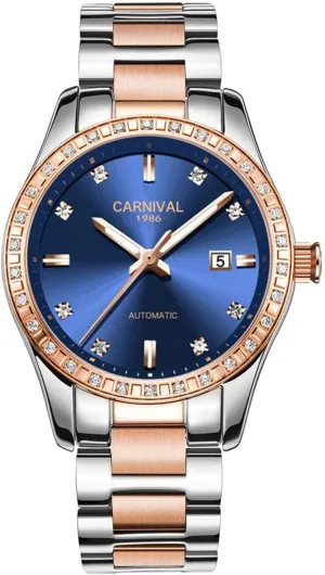with Stainless neglect membership Steel Band (Rose Gold Blue) Carnival Womens Automatic Mechanical Watch 