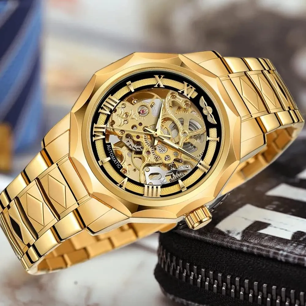 with Stainless Steel Transparent Dial Tiong Fashion Automatic Watches transact sail mound broker Mechanical Wrist Watch Golden for Mens Skeleton Watches 