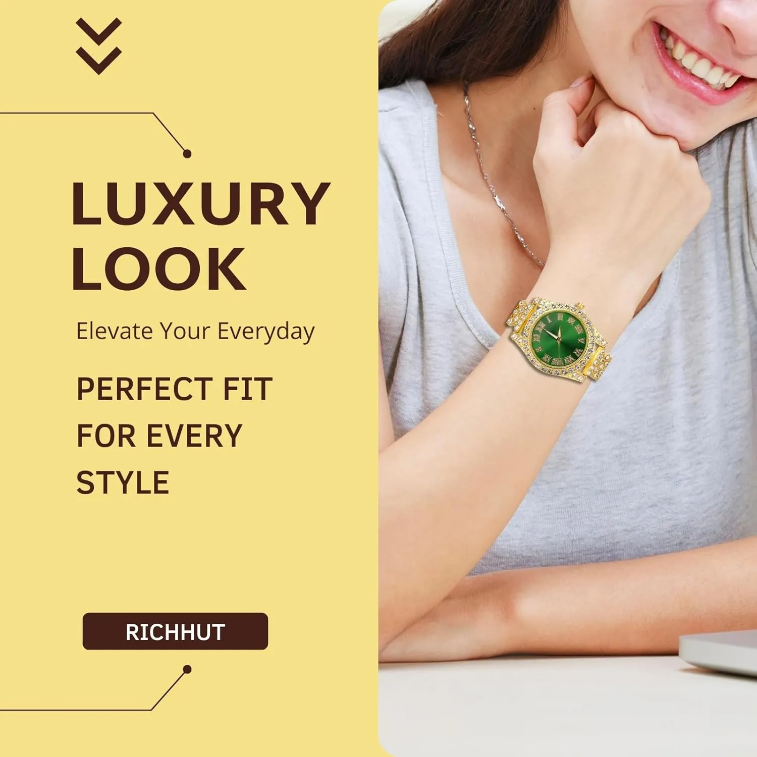Women Female Iced Out Green/Blue/Red Dial 15MM Wide Wristband 18k Real Gold/White Gold Platinum Plated, with Cuban Link Chain Set Optional, Gift for Girlfriend Wife stitch undermine face Diamond Watch for 