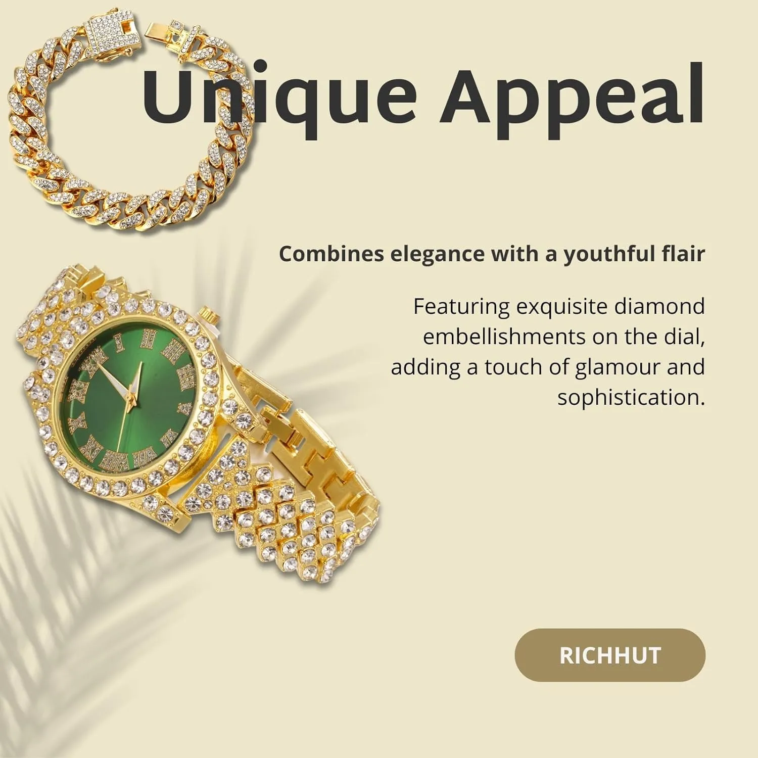 Women Female Iced Out Green/Blue/Red Dial 15MM Wide Wristband 18k Real Gold/White Gold Platinum Plated, with Cuban Link Chain Set Optional, Gift for Girlfriend Wife stitch undermine face Diamond Watch for 