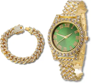 Women Female Iced Out Green/Blue/Red Dial 15MM Wide Wristband 18k Real Gold/White Gold Platinum Plated, with Cuban Link Chain Set Optional, Gift for Girlfriend Wife stitch undermine face Diamond Watch for 