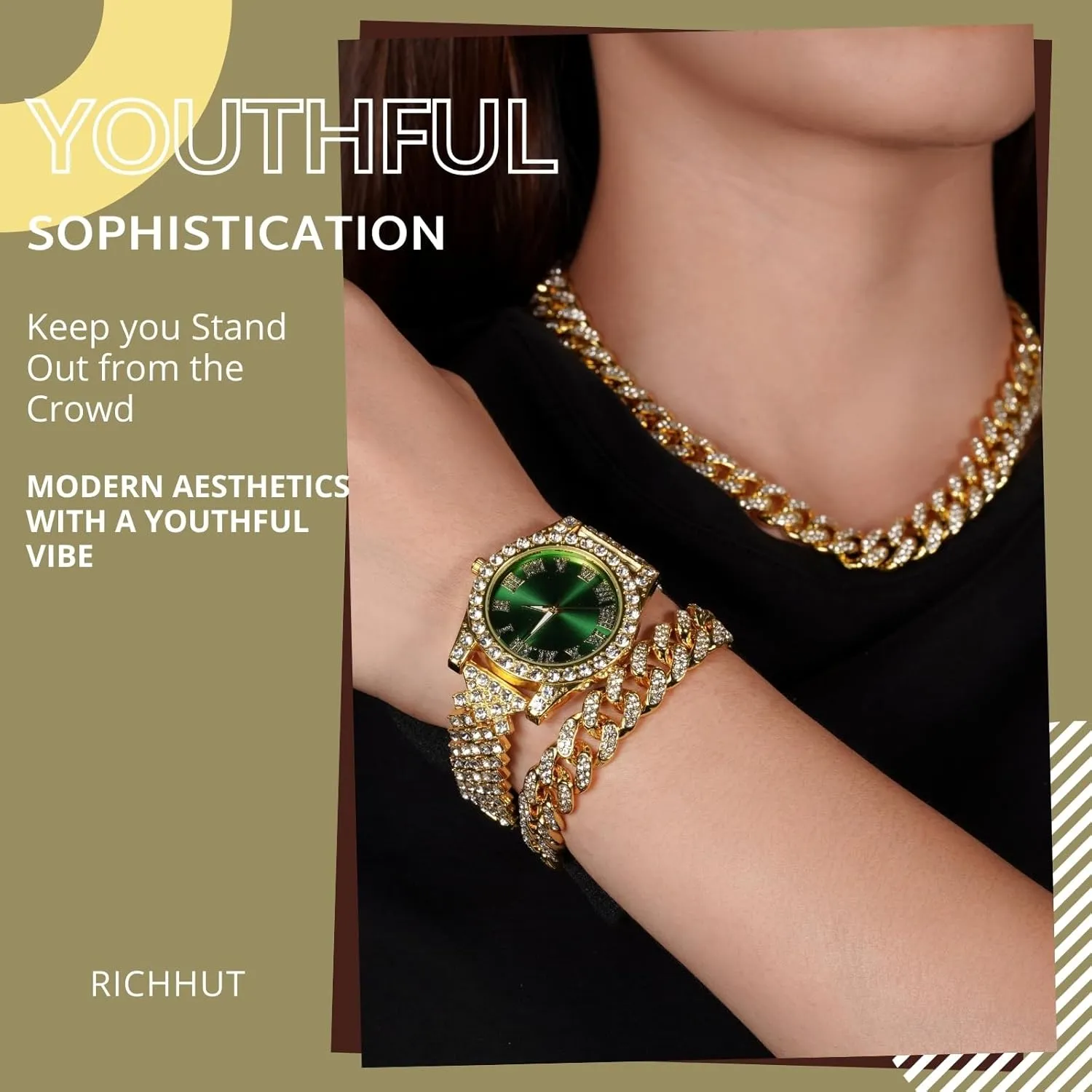 Women Female Iced Out Green/Blue/Red Dial 15MM Wide Wristband 18k Real Gold/White Gold Platinum Plated, with Cuban Link Chain Set Optional, Gift for Girlfriend Wife stitch undermine face Diamond Watch for 