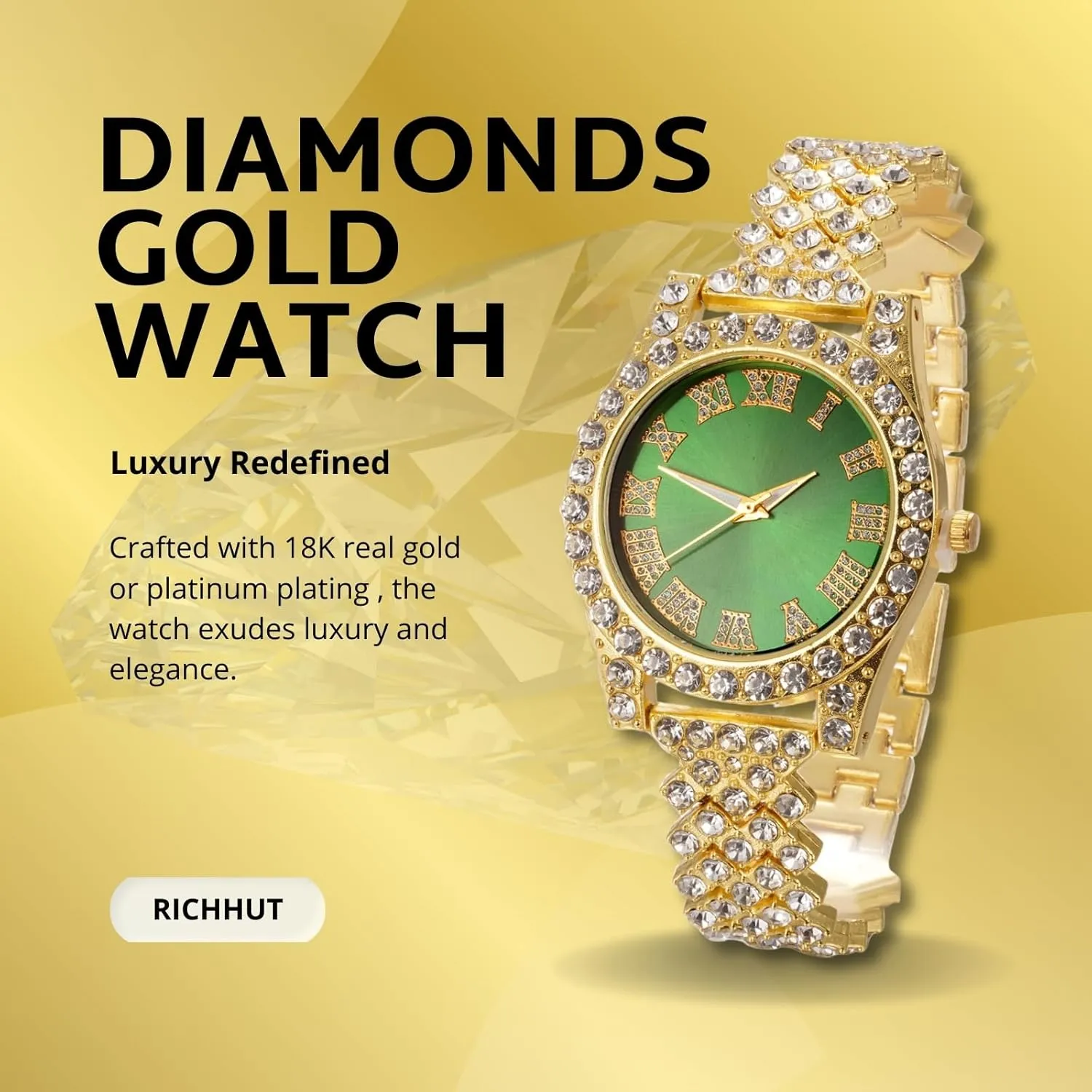 Women Female Iced Out Green/Blue/Red Dial 15MM Wide Wristband 18k Real Gold/White Gold Platinum Plated, with Cuban Link Chain Set Optional, Gift for Girlfriend Wife stitch undermine face Diamond Watch for 