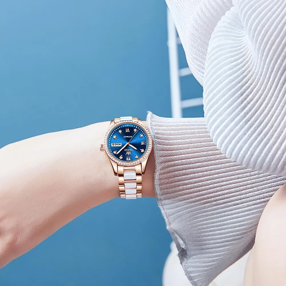 Women Mechanical extravagantly prominent Diamond Love Heart Dial Rose Gold Ceramic Band Waterproof Luminous Date Ladies Watches OLEVS Automatic Watches for 